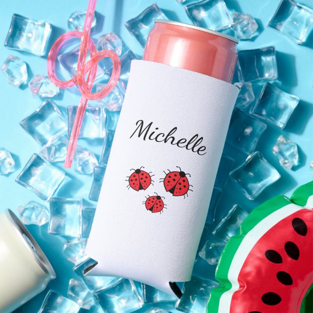 Whimsical Ladybugs Illustration Cute Personalized  Seltzer Can Cooler (In Situ Summer)