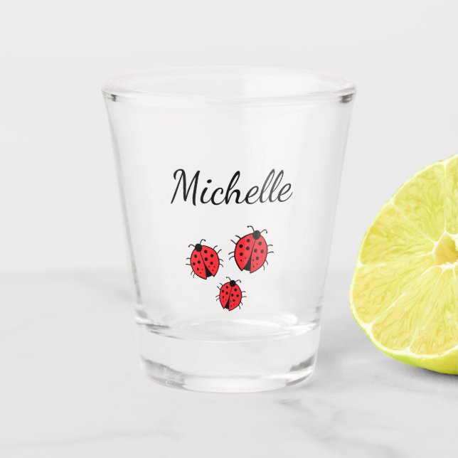 Whimsical Ladybugs Illustration Cute Personalized  Shot Glass (Front)