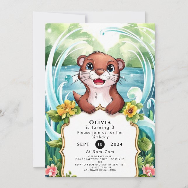 Whimsical Lake Otter Birthday Invitation (Front)