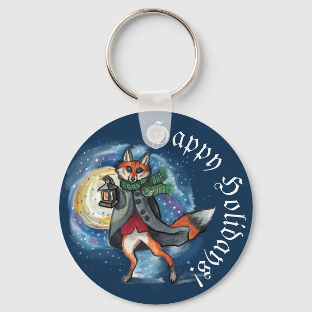 Whimsical Lantern Fox in the Snow-Holiday Keychain (Front)