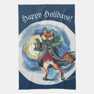 Whimsical Lantern Fox in the Snow-Holiday Kitchen Towel