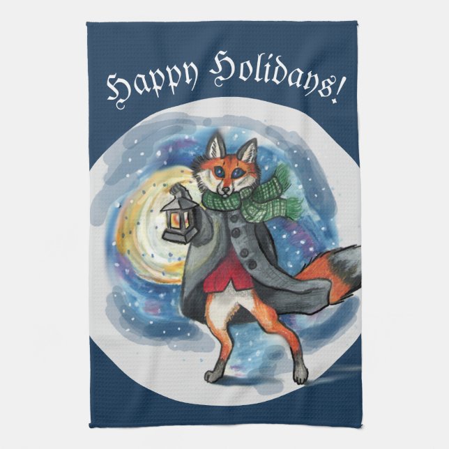 Whimsical Lantern Fox in the Snow-Holiday Kitchen Towel (Vertical)