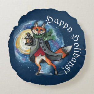 Whimsical Lantern Fox in the Snow-Holiday Round Pillow