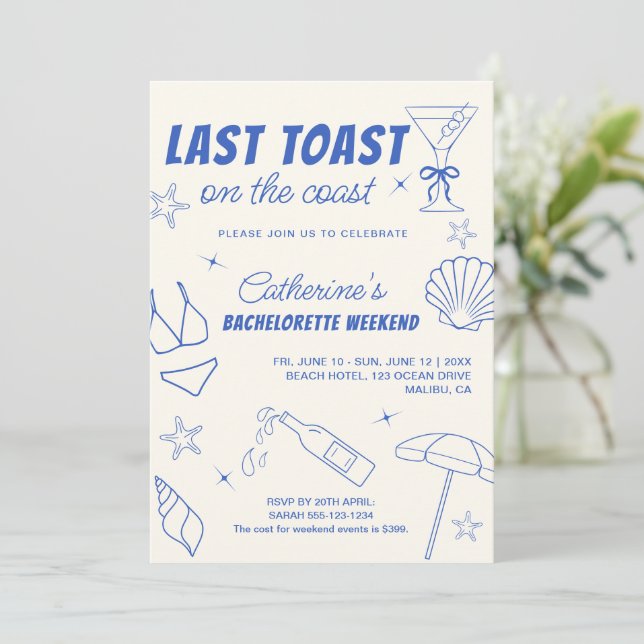 Whimsical Last Toast On The Coast Bachelorette  Invitation (Standing Front)