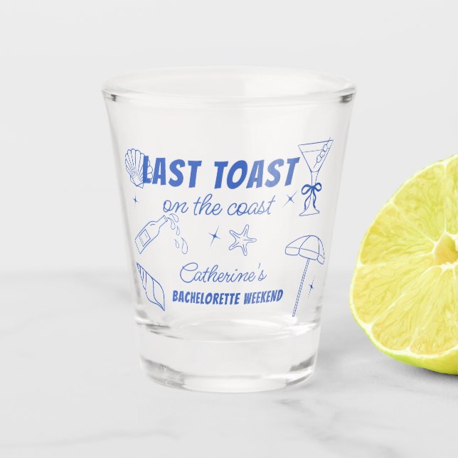 Whimsical Last Toast On The Coast Bachelorette Shot Glass (Front)