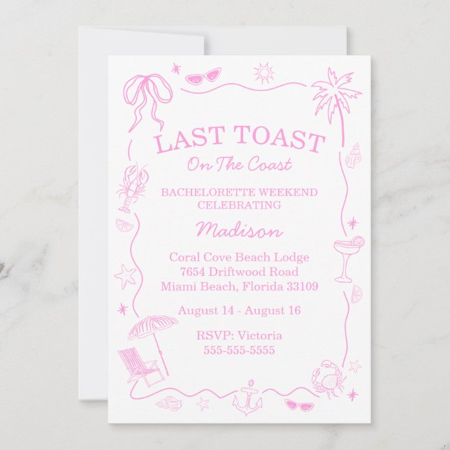 Whimsical Last Toast On The Coast Pink Invitation (Front)