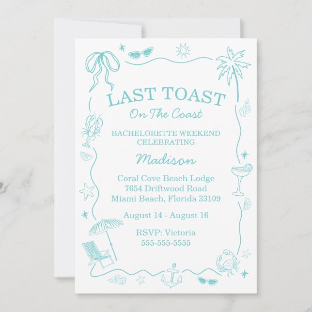 Whimsical Last Toast On The Coast Turquoise Invitation (Front)