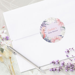 Whimsical Lavender Floral Bird Baby Shower Classic Round Sticker