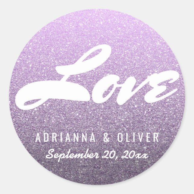 Whimsical Lavender Glitter Wedding Love Typography Classic Round Sticker (Front)