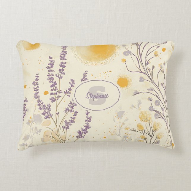 Whimsical Lavender & Yellow Floral Pattern Accent Pillow (Front)