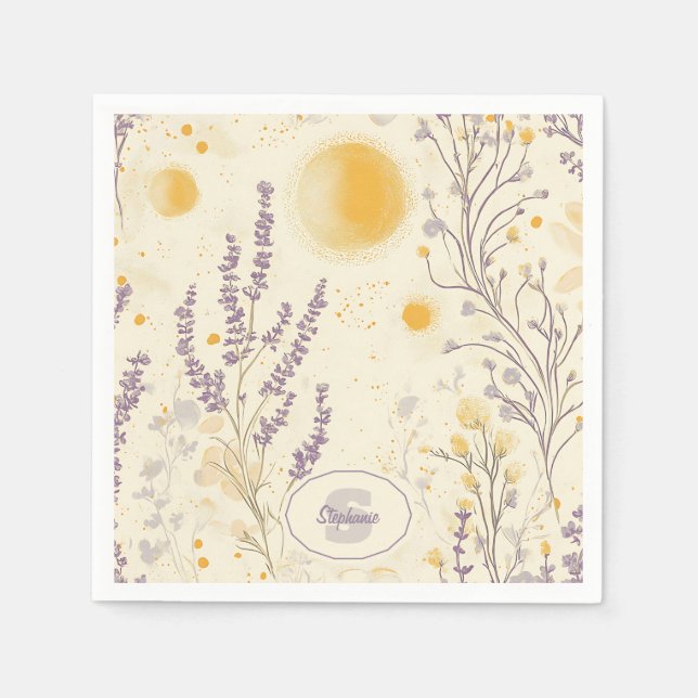 Whimsical Lavender & Yellow Floral Pattern Napkin (Front)