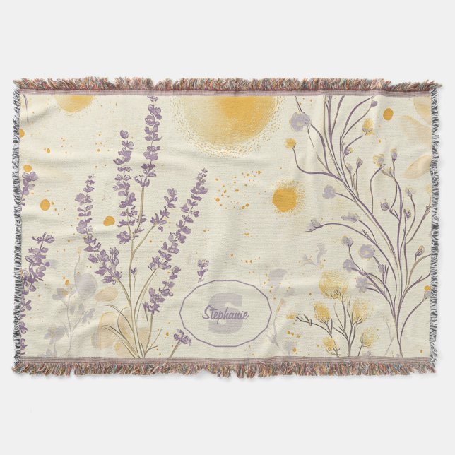 Whimsical Lavender & Yellow Floral Pattern Throw Blanket (Front)