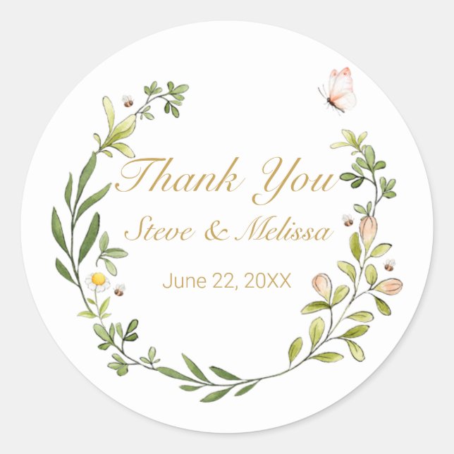 Whimsical Leafy Wreath with Butterfly Classic Round Sticker (Front)