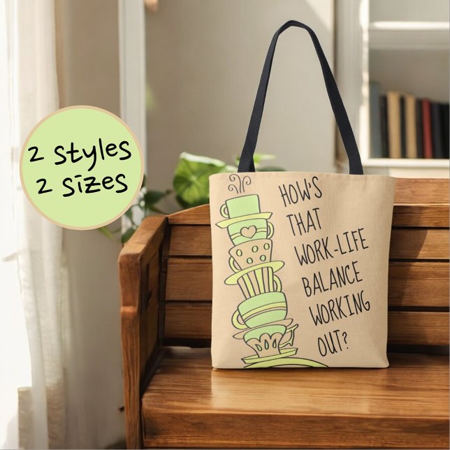 Whimsical Leaning Coffee Cup Stack Tote Bag (same design on both sides of bag)