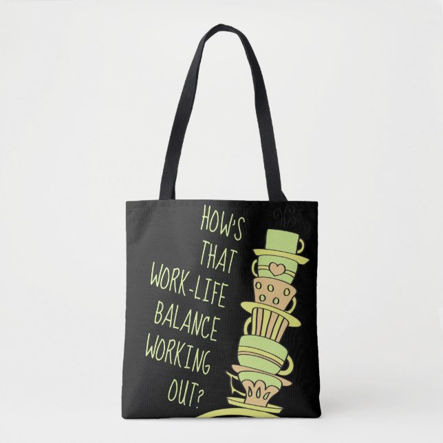 Whimsical Leaning Stack of Pastel Coffee Cups Tote Bag (Front)