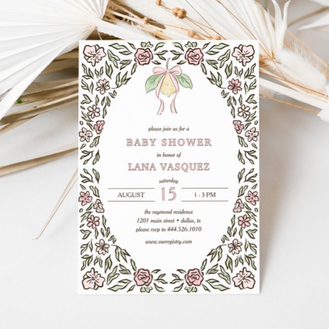 Whimsical Lemon Floral Preppy Coquette Baby Shower Invitation (Creator Uploaded)