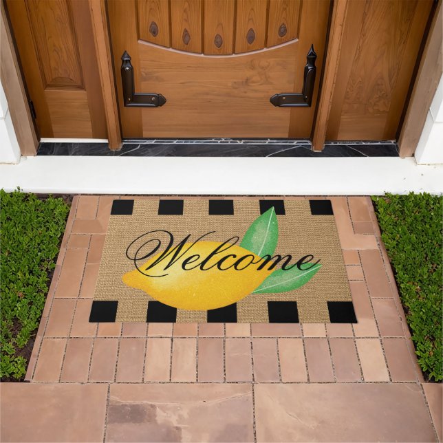 Whimsical Lemon Welcome Doormat – Faux Burlap (Outdoor)