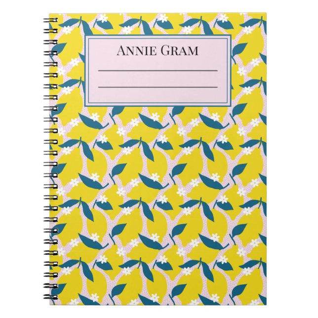 Whimsical Lemons & Blue Leaves Notebook  (Front)
