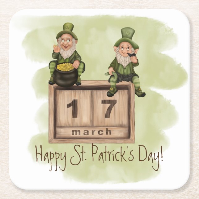 Whimsical Leprechauns St. Patrick's Day Square Paper Coaster (Front)