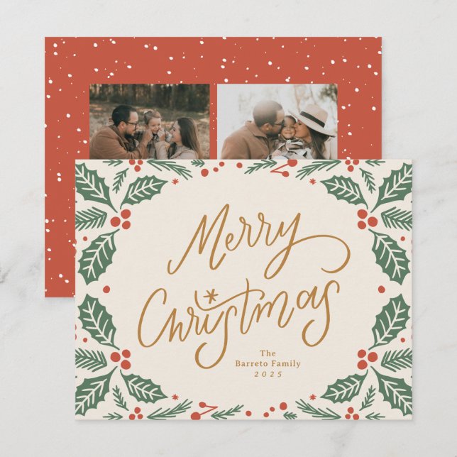 Whimsical Lettered Christmas Holly Holiday Card (Front/Back)