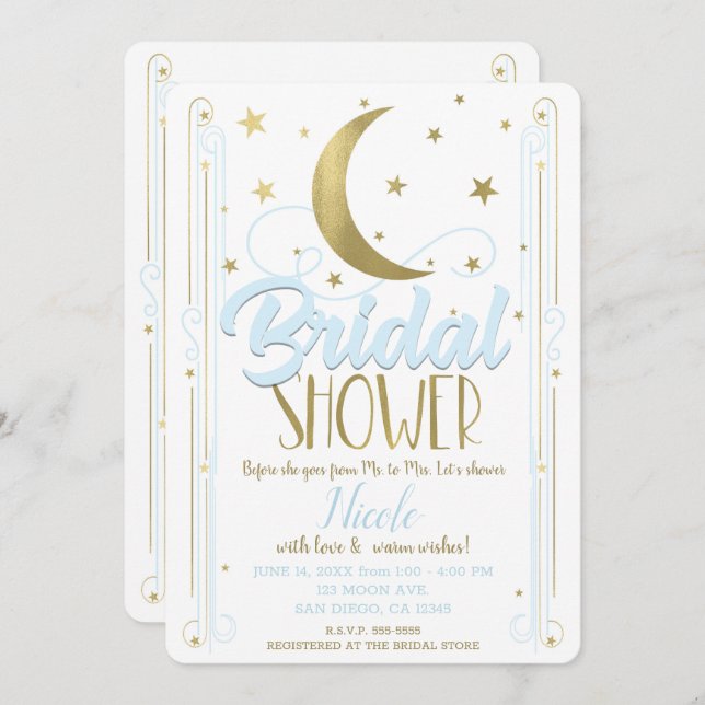 Whimsical Light Blue Gold Moon Stars Bridal Shower Invitation (Front/Back)