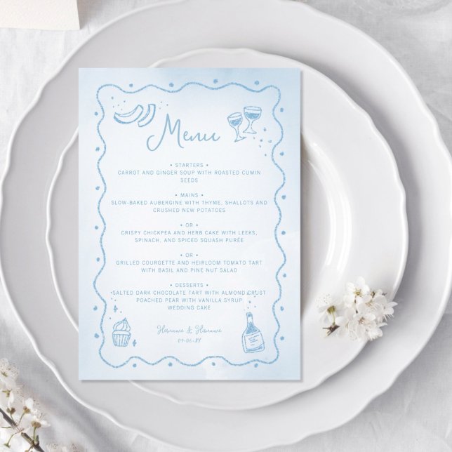 Whimsical Light Blue Hand Drawn Food Wedding Menu (Creator Uploaded)