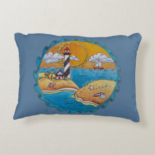 Whimsical Lighthouse Beach Scene Coastal Folk Art Accent Pillow