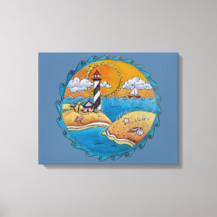 Whimsical Lighthouse Beach Scene Coastal Folk Art Canvas Print