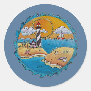 Whimsical Lighthouse Beach Scene Coastal Folk Art Classic Round Sticker