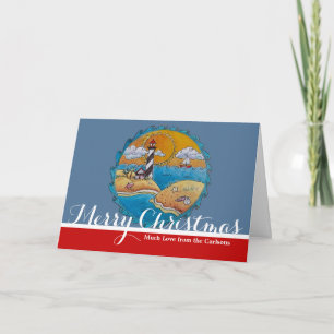 Whimsical Lighthouse Beach Scene Coastal Folk Art Holiday Card