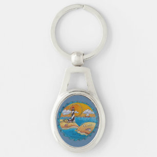 Whimsical Lighthouse Beach Scene Coastal Folk Art Keychain