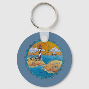 Whimsical Lighthouse Beach Scene Coastal Folk Art Keychain