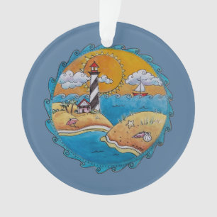 Whimsical Lighthouse Beach Scene Coastal Folk Art Ornament