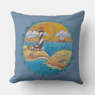 Whimsical Lighthouse Beach Scene Coastal Folk Art Outdoor Pillow