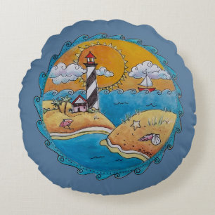 Whimsical Lighthouse Beach Scene Coastal Folk Art Round Pillow
