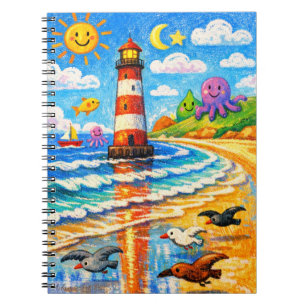 Whimsical Lighthouse Beach Scene with Smiling Sun Notebook