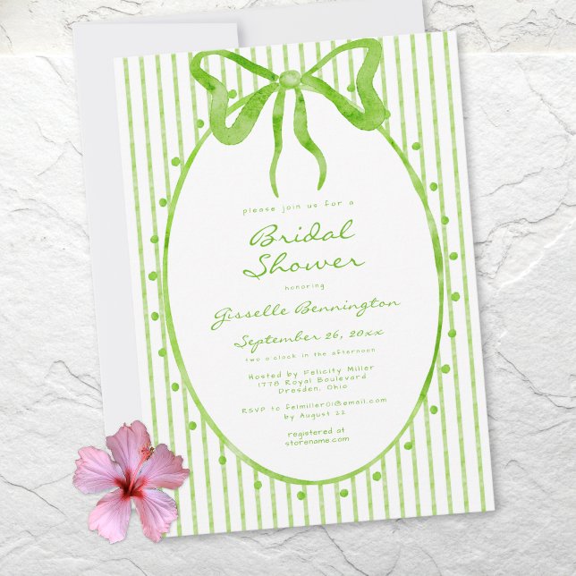 Whimsical Lime Watercolor Bow Stripe Bridal Shower Invitation (Whimsical Lime Watercolor Bow Stripe Bridal Shower Invitation)