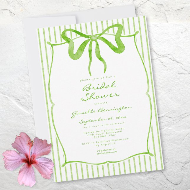 Whimsical Lime Watercolor Bow Stripe Bridal Shower Invitation (Whimsical Lime Watercolor Bow Stripe Bridal Shower Invitation)