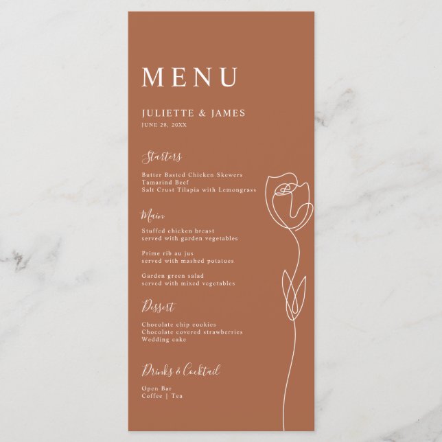 Whimsical Line Rose Menu Card (Front)
