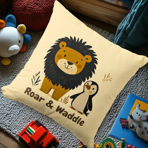 Whimsical Lion and Penguin Nursery Illustration  ✔ Throw Pillow