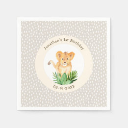 Whimsical Lion Cub Forest Woodland Dotted Birthday Napkin