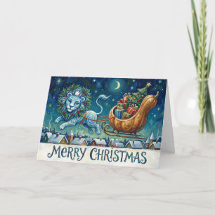 Whimsical Lion Pulling Sleigh Christmas Card