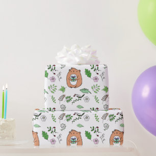 Whimsical Little Brown Bear and forest Leaves Wrapping Paper