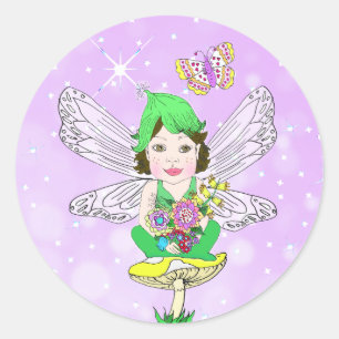Whimsical Little Elf Fairy, Mushroom and Butterfly Classic Round Sticker