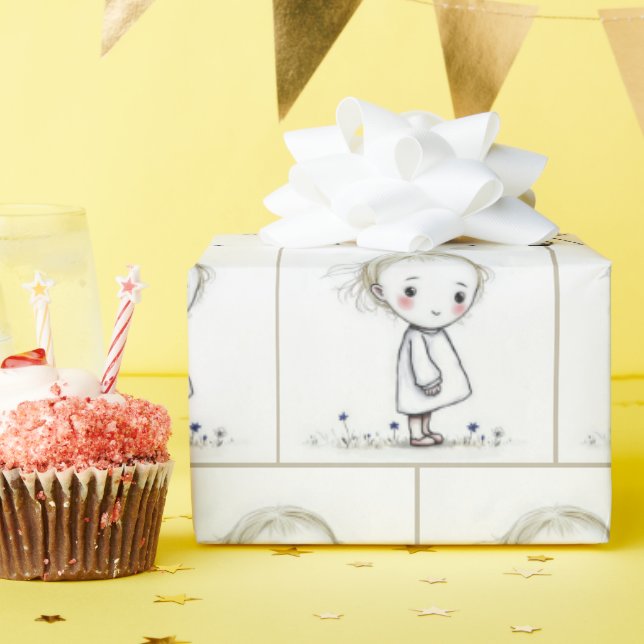 Whimsical Little Girl Doodle In Wildflowers Wrapping Paper (Birthday Party)