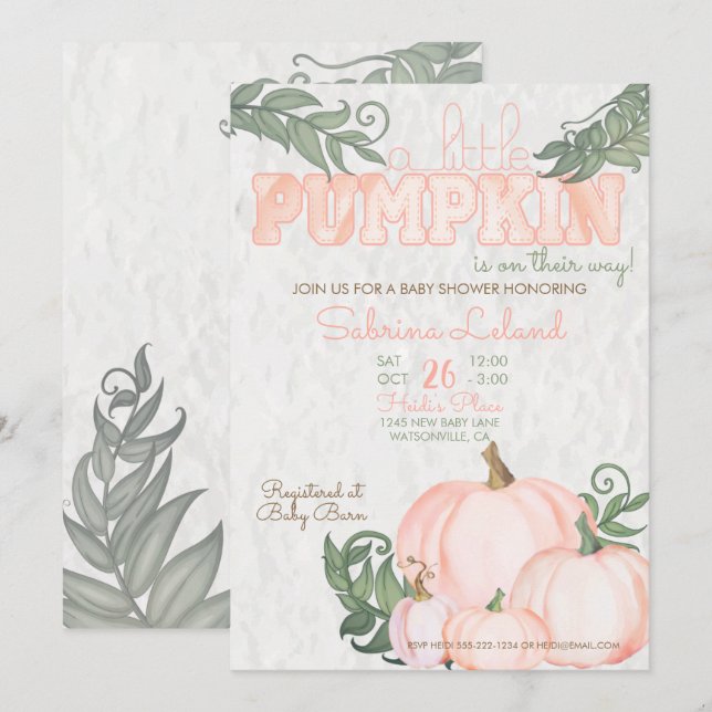 Whimsical Little Pumpkin Coral Baby Shower Invitation (Front/Back)