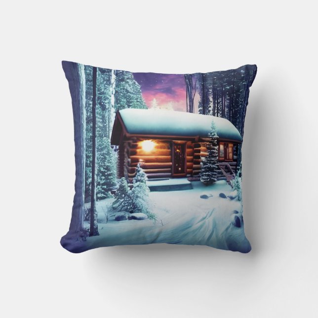 Whimsical Little Rustic Log Cabin In The Woods Throw Pillow (Front)