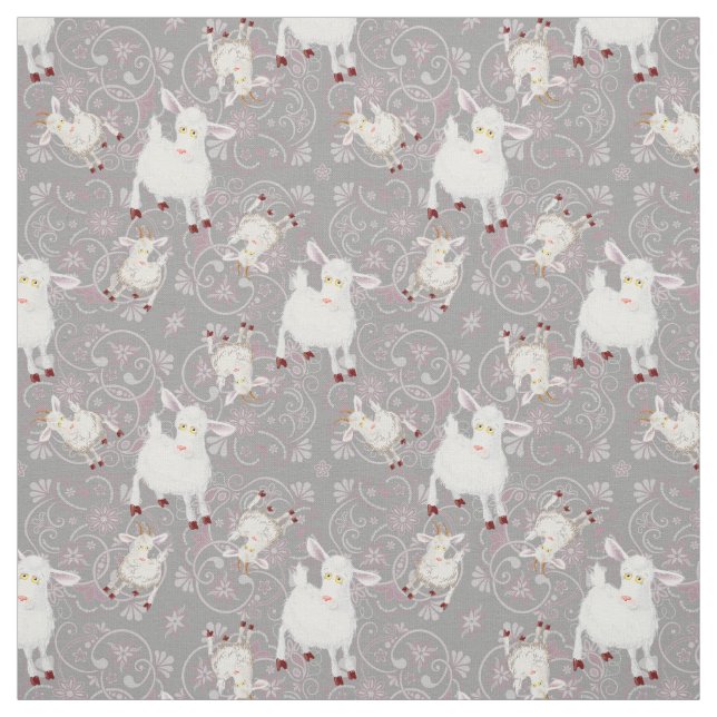 Whimsical Little White Goats and Flowers Fabric (Swatch)