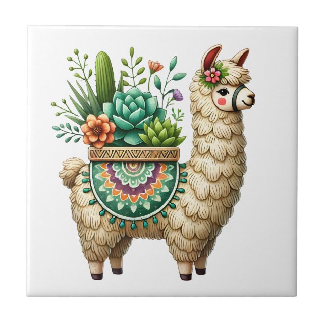 Whimsical Llama and Plants Tile (Front)