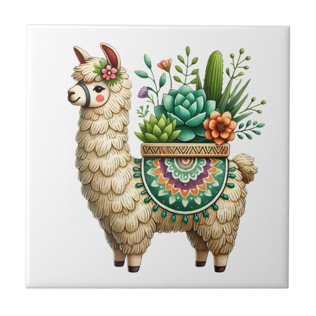 Whimsical Llama and Plants Tile (Front)